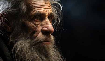 A close up of a man with a long beard. Generative AI image.の素材