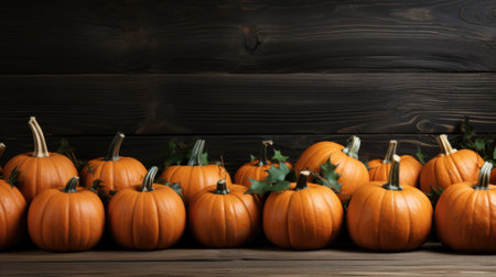 A group of pumpkins sitting on top of a wooden table. Generative AI image.の素材