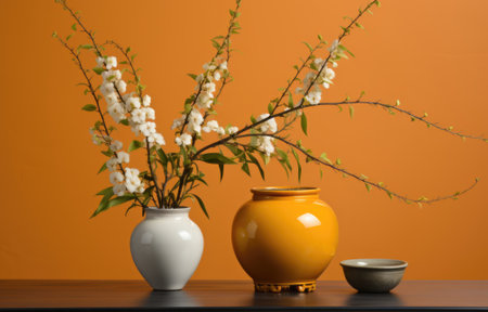 A yellow vase with white flowers and a small bowl. Generative AI image.の素材