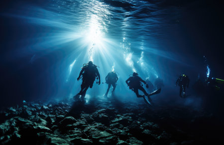 A group of people in the water with scuba gear. Generative AI image.の素材