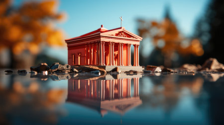 A small red building sitting on top of a puddle of water. Generative AI image.の素材