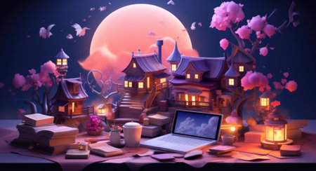 A laptop computer sitting on top of a pile of books. Generative AI image.の素材