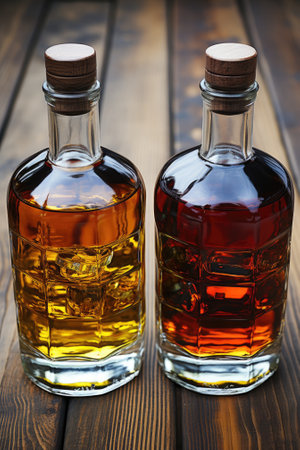 Two bottles of liquor sitting on top of a wooden table. Generative AI image.の素材