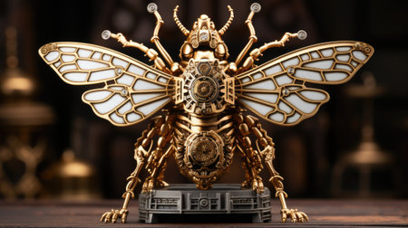 A golden statue of a bee on a table. Generative AI image.の素材