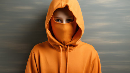 A person wearing an orange hoodie with a hood on. Generative AI image.の素材