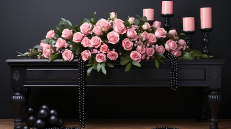 A bunch of pink roses sitting on top of a table. Generative AI image.の素材