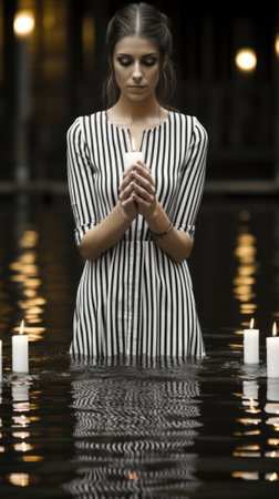 A woman standing in the water holding a lit candle. Generative AI image.の素材
