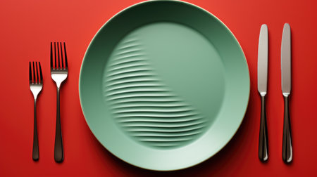 A plate, fork and knife on a red table. Generative AI image.の素材