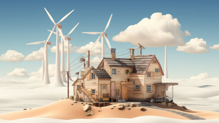 A house in the middle of a desert with wind turbines in the background. Generative AI image.の素材