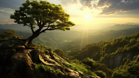 A lone tree sitting on top of a mountain. Generative AI image.の素材