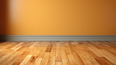 An empty room with a wooden floor and orange walls. Generative AI image.の素材