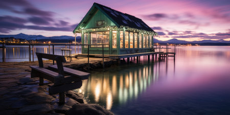 A boathouse sitting on the shore of a lake. Generative AI image.の素材