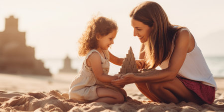 A woman and a little girl playing in the sand. Generative AI image.の素材