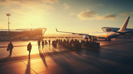 A group of people standing in front of an airplane. Generative AI image.の素材
