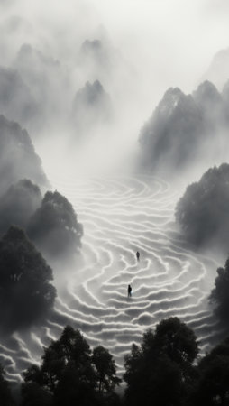 A couple of people walking across a snow covered field. Generative AI image.の素材