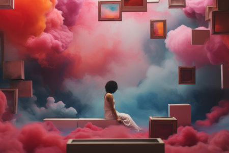 A woman sitting on a bench in a cloud filled room. Generative AI image.の素材