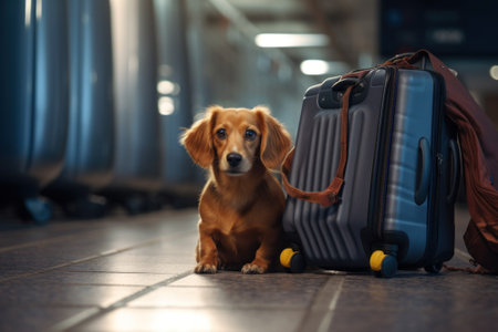 A small dog sitting next to a suitcase. Generative AI image.の素材