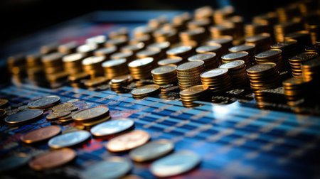 A pile of coins sitting on top of a table. Generative AI image.の素材