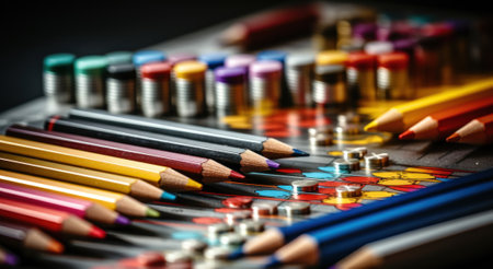 A bunch of colored pencils sitting on top of a table. Generative AI image.の素材