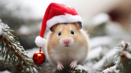 A hamster wearing a santa hat on top of a christmas tree. Generative AI image.の素材