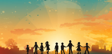 A group of people holding hands in front of a sunset. Generative AI image.の素材