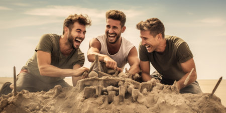 Three men building a sand castle on the beach. Generative AI image.の素材