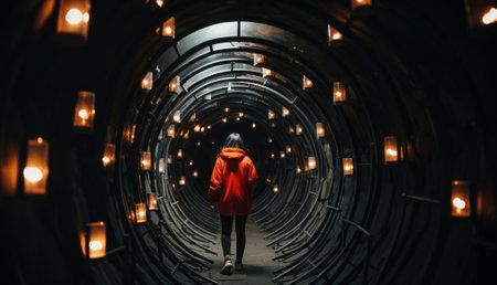 A person in a red jacket standing in a tunnel. Generative AI image.の素材