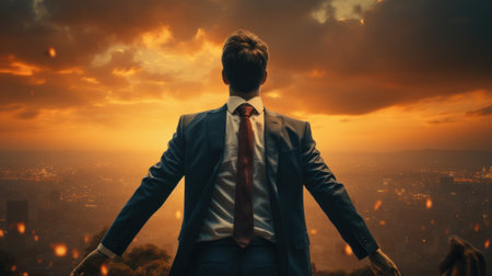 A man in a suit and tie standing in front of a city. Generative AI image.の素材