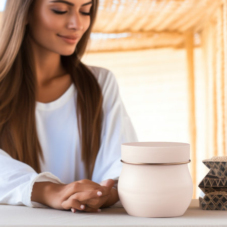 A woman sitting at a table with a jar of cream. Generative AI image.の素材
