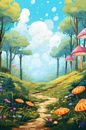 A painting of a path through a forest. Generative AI image.の素材