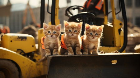 A group of kittens sitting on top of a bulldozer. Generative AI image.の素材