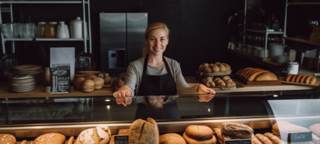 A woman standing behind a glass counter in a bakery. Generative AI image.の素材
