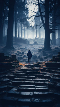 A person walking up a set of stairs in a forest. Generative AI image.の素材