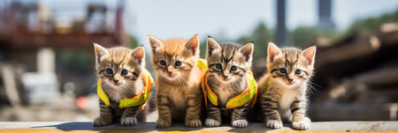 A group of kittens sitting on top of a cement wall. Generative AI image.の素材