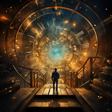 A man standing on a wooden platform in front of a clock. Generative AI image.の素材