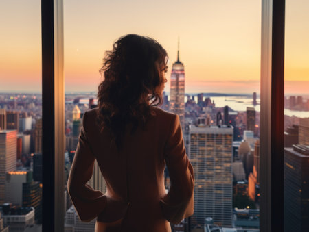 A woman standing in front of a window overlooking a city. Generative AI image.の素材