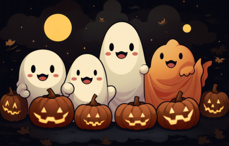 A group of halloween ghosts and pumpkins. Generative AI image.の素材