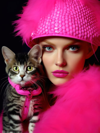 A woman in a pink hat holding a cat. Generative AI image.の素材