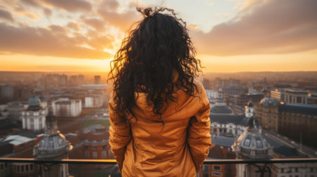 A woman standing on a balcony looking at a city. Generative AI image.の素材