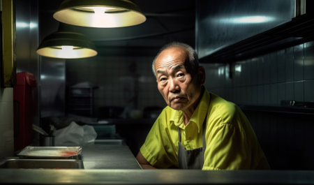 A man sitting at a counter in a kitchen. Generative AI image.の素材