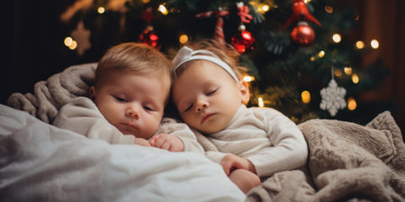 A couple of babies laying on top of a bed. Generative AI image.の素材