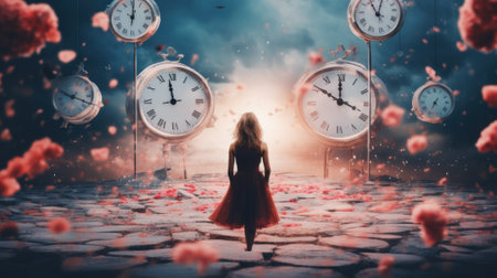 A woman standing in front of a bunch of clocks. Generative AI image.の素材