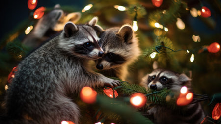 A couple of raccons that are standing in a tree. Generative AI image.の素材