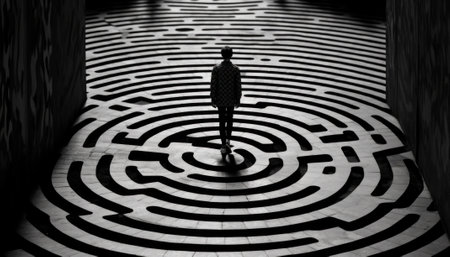 A black and white photo of a person standing in a maze. Generative AI image.の素材