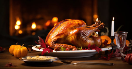 A turkey is sitting on a white plate on a table. Generative AI image.の素材