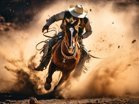 A man in a cowboy hat riding a horse. Generative AI image.の素材