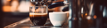A cup of coffee sitting next to a coffee machine. Generative AI image.の素材