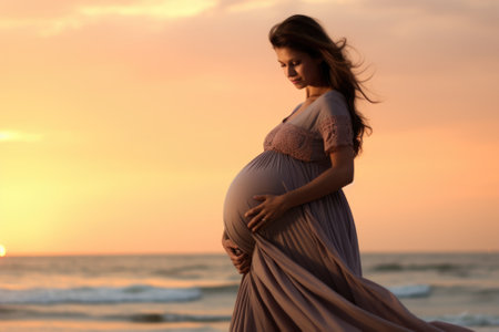 A pregnant woman in a long dress standing on the beach at sunset. Generative AI image.の素材