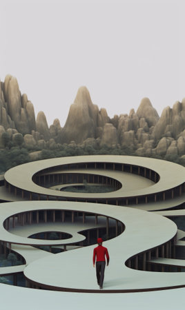 A man walking through a large circular path. Generative AI image.の素材