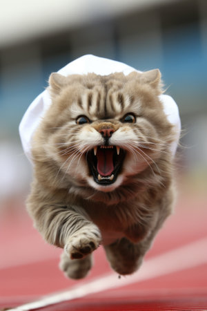 A cat is running on a track. Generative AI image.の素材